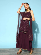 Ahalyaa Women Wine Colour Crepe Gold Printed Kurta Sharara Set | Grocsy