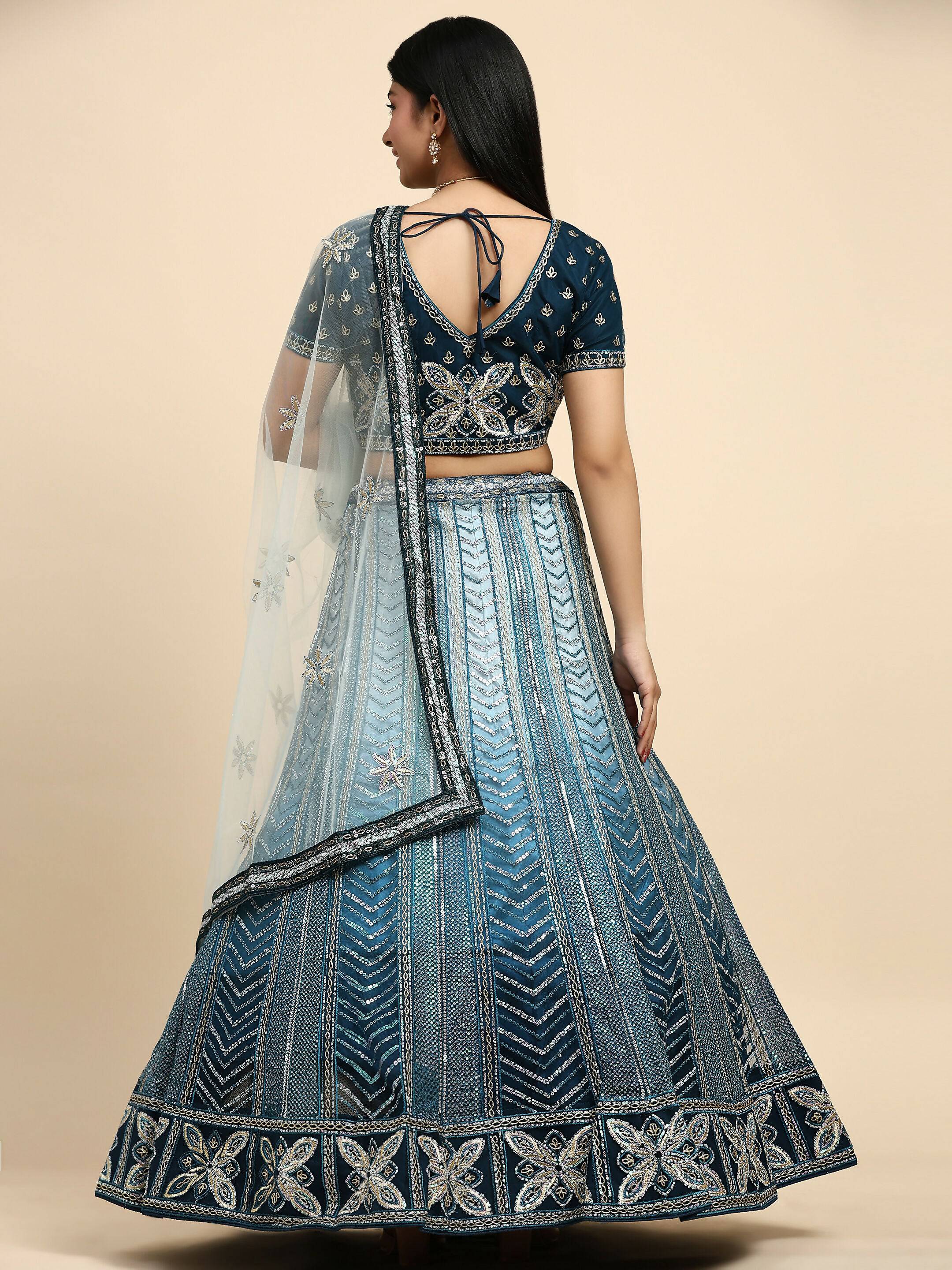 Blue Fancy Net Sequence Embroidered Lehenga Choli with Dupatta - Dhara | Grocsy