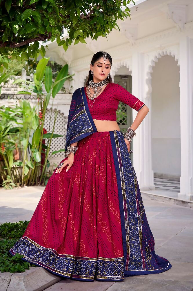 Evanik Pink Tassa Silk With Bandhej Print Lehenga Choli | Grocsy