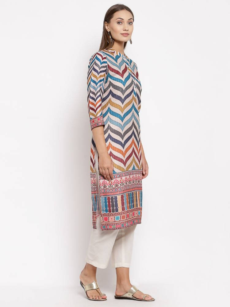 Myshka Women's Multi Silk Printed 3/4 Sleeve Round Neck Casual Kurta | Grocsy