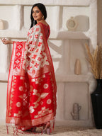 Shree Shyam Fashion Linen Cotton Red & White Saree | Grocsy