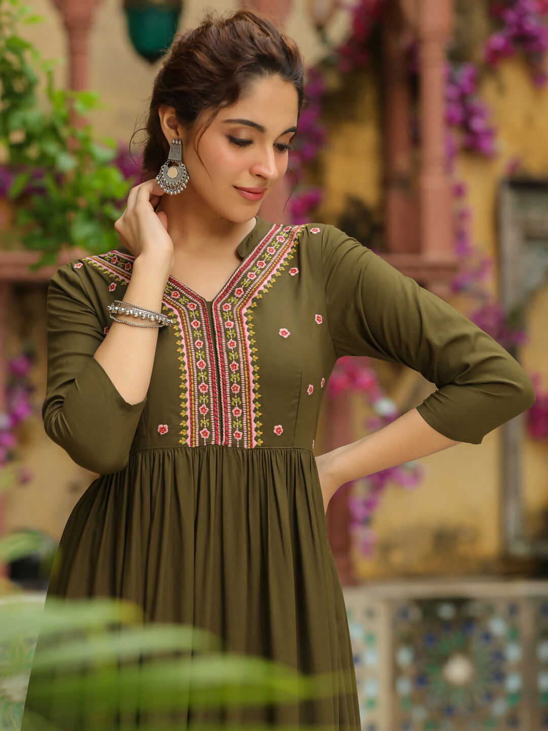 Janasya Olive Rayon Embroidered Kurta & Bottom | Grocsy