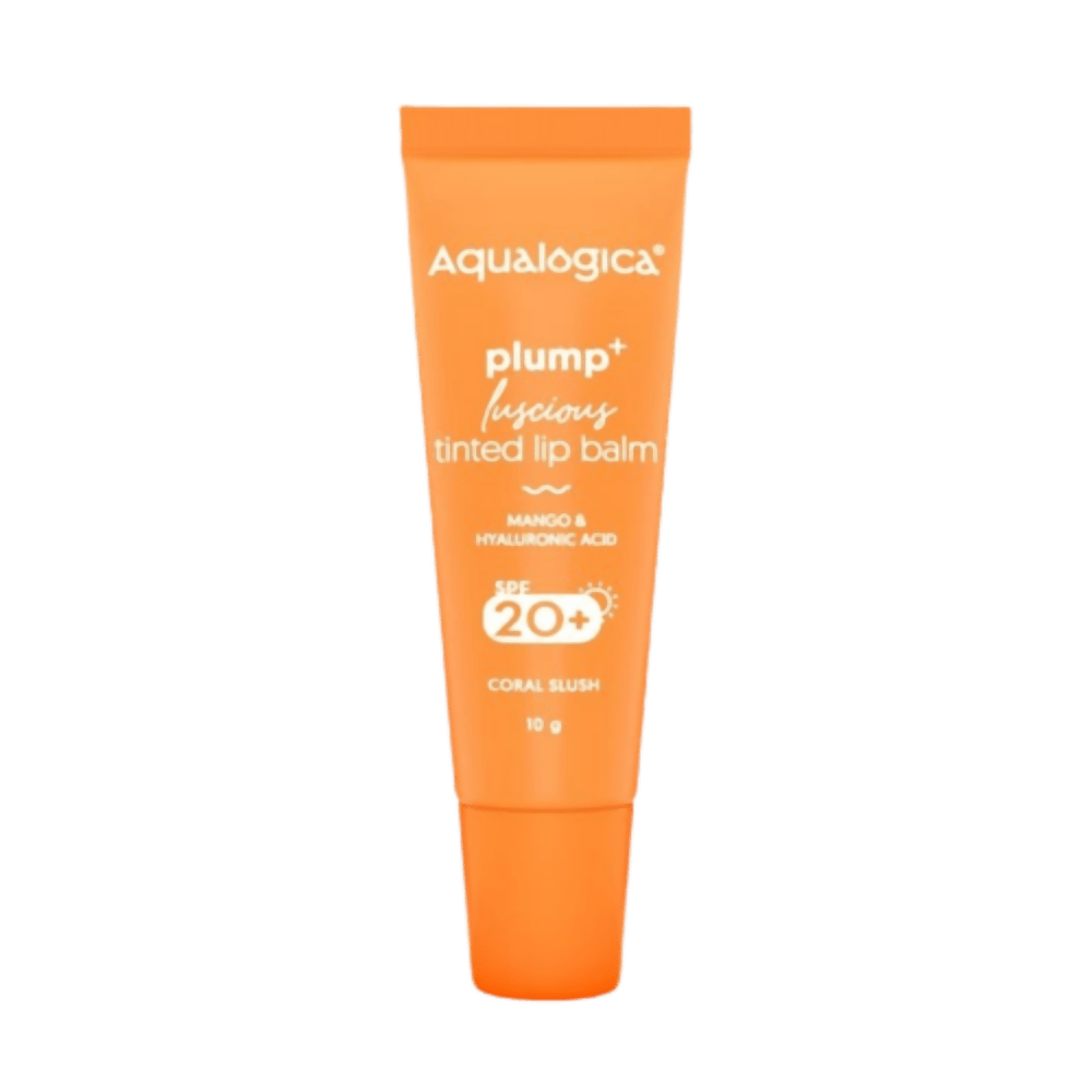 Aqualogica Coral Slush Plump+ Luscious Tinted Lip Balm with Mango and Hyaluronic Acid, SPF 20+ | Grocsy
