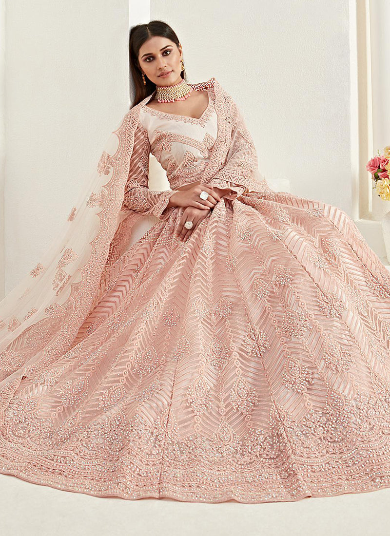 Vegaa Fashion Peach Net Embroidered Wedding Lehenga | Grocsy