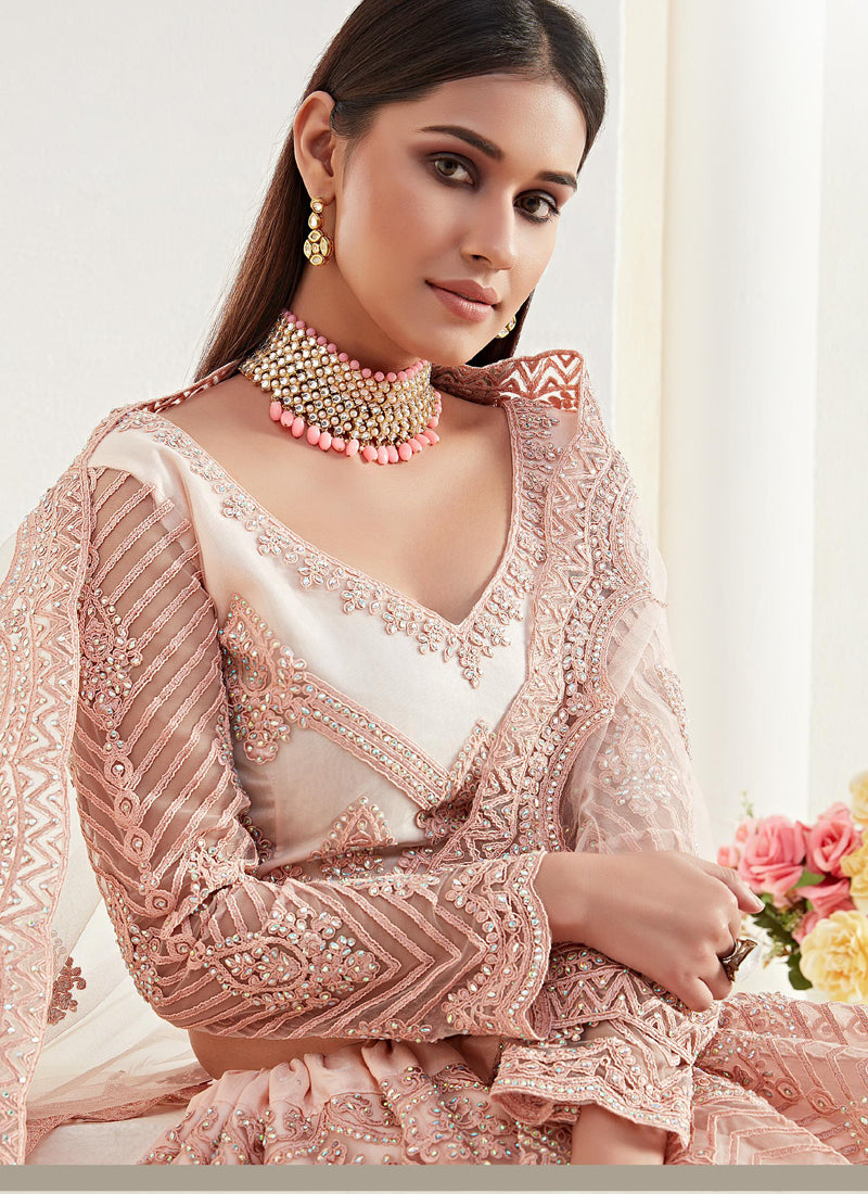 Vegaa Fashion Peach Net Embroidered Wedding Lehenga | Grocsy