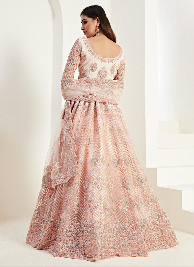 Vegaa Fashion Peach Net Embroidered Wedding Lehenga | Grocsy