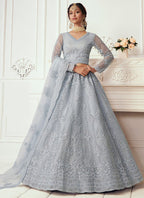 Vegaa Fashion Light Grey Net Embroidered Wedding Lehenga | Grocsy