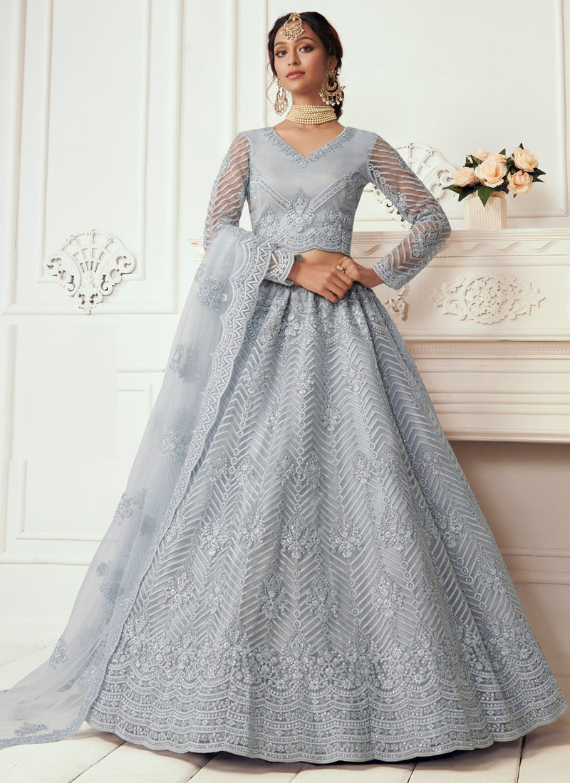 Vegaa Fashion Light Grey Net Embroidered Wedding Lehenga | Grocsy