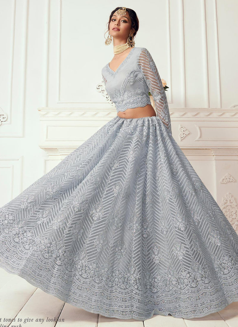 Vegaa Fashion Light Grey Net Embroidered Wedding Lehenga | Grocsy