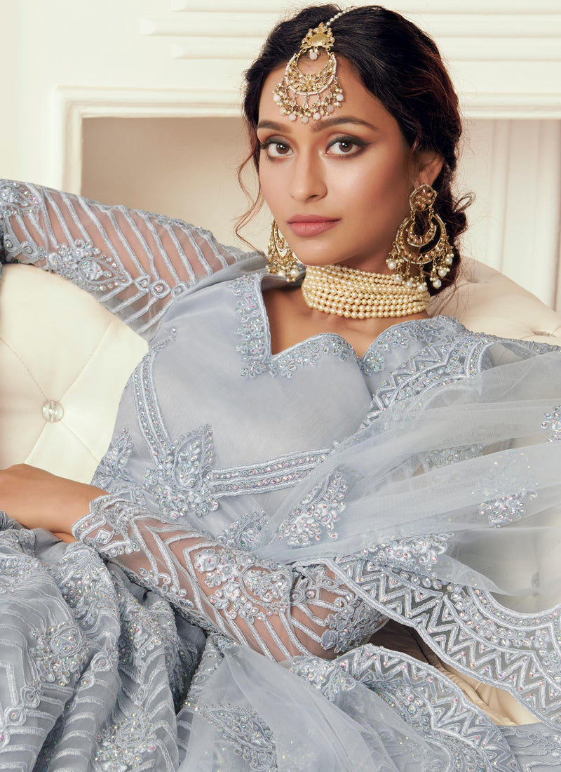 Vegaa Fashion Light Grey Net Embroidered Wedding Lehenga | Grocsy
