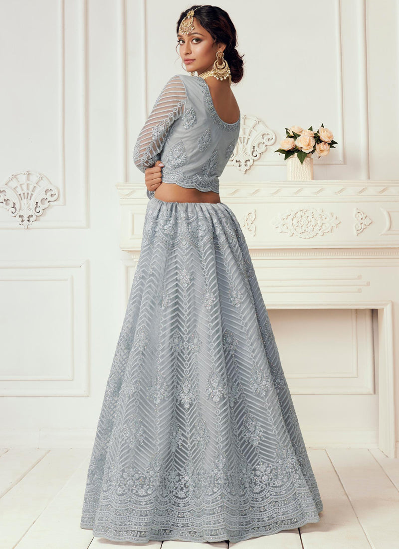 Vegaa Fashion Light Grey Net Embroidered Wedding Lehenga | Grocsy