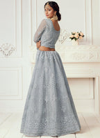 Vegaa Fashion Light Grey Net Embroidered Wedding Lehenga | Grocsy