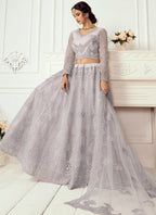 Vegaa Fashion Lavender Net Embroidered Wedding Lehenga | Grocsy