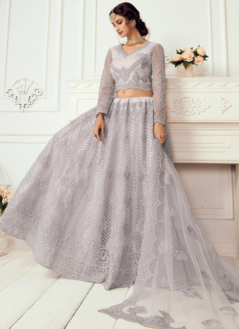 Vegaa Fashion Lavender Net Embroidered Wedding Lehenga | Grocsy