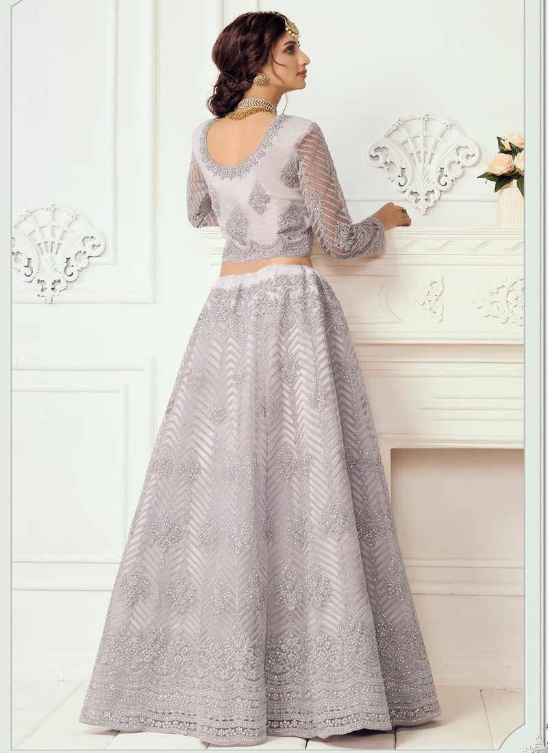 Vegaa Fashion Lavender Net Embroidered Wedding Lehenga | Grocsy