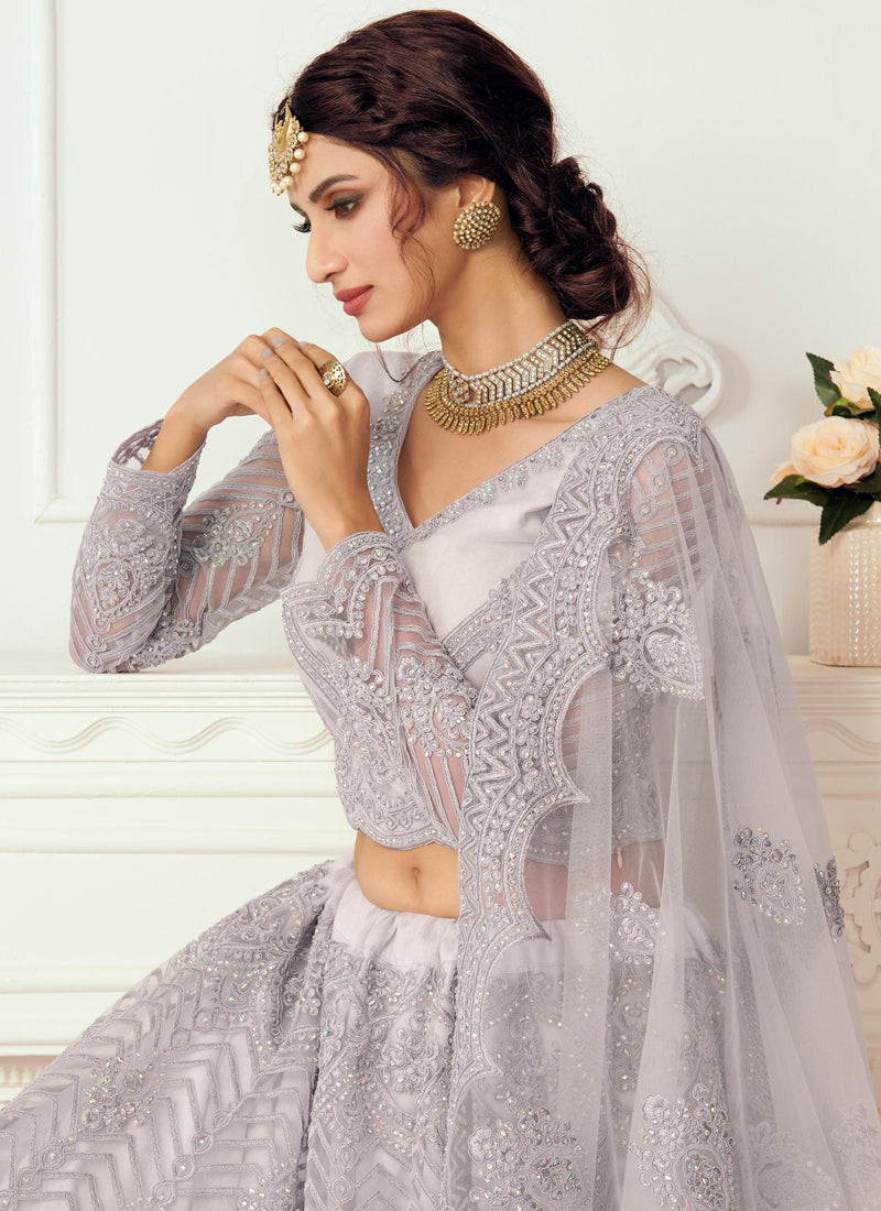 Vegaa Fashion Lavender Net Embroidered Wedding Lehenga | Grocsy