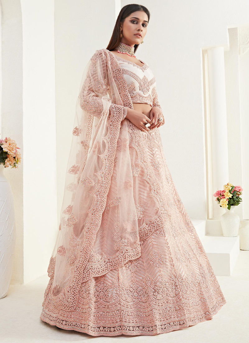 Vegaa Fashion Peach Net Embroidered Wedding Lehenga | Grocsy