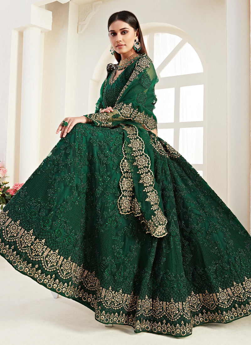 Vegaa Fashion Green Net Embroidered Wedding Lehenga | Grocsy