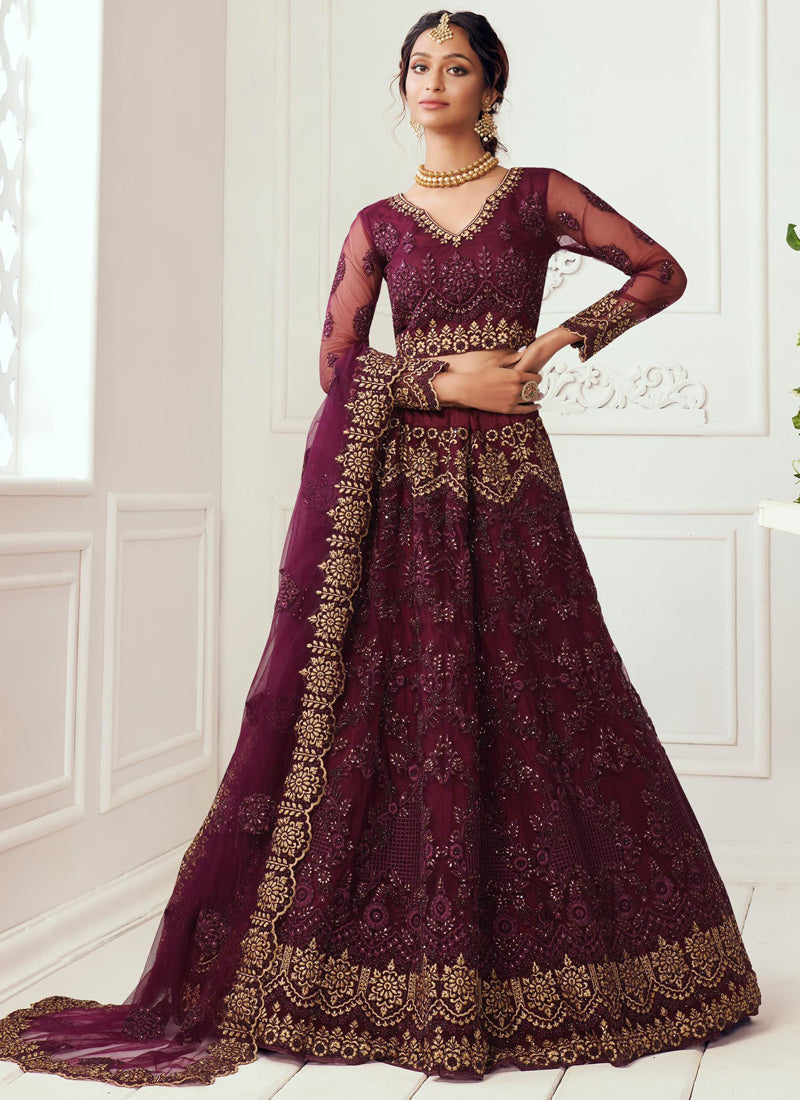 Vegaa Fashion Wine Net Embroidered Wedding Lehenga | Grocsy