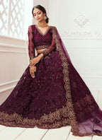 Vegaa Fashion Wine Net Embroidered Wedding Lehenga | Grocsy