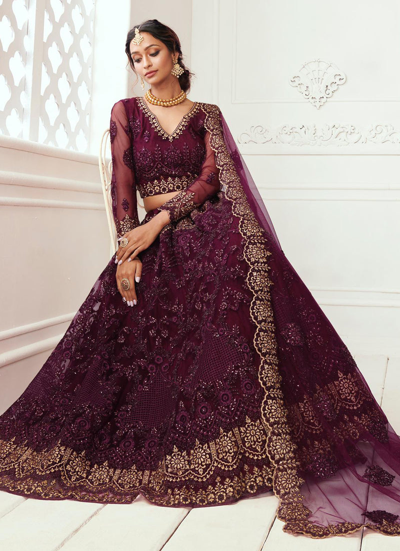 Vegaa Fashion Wine Net Embroidered Wedding Lehenga | Grocsy