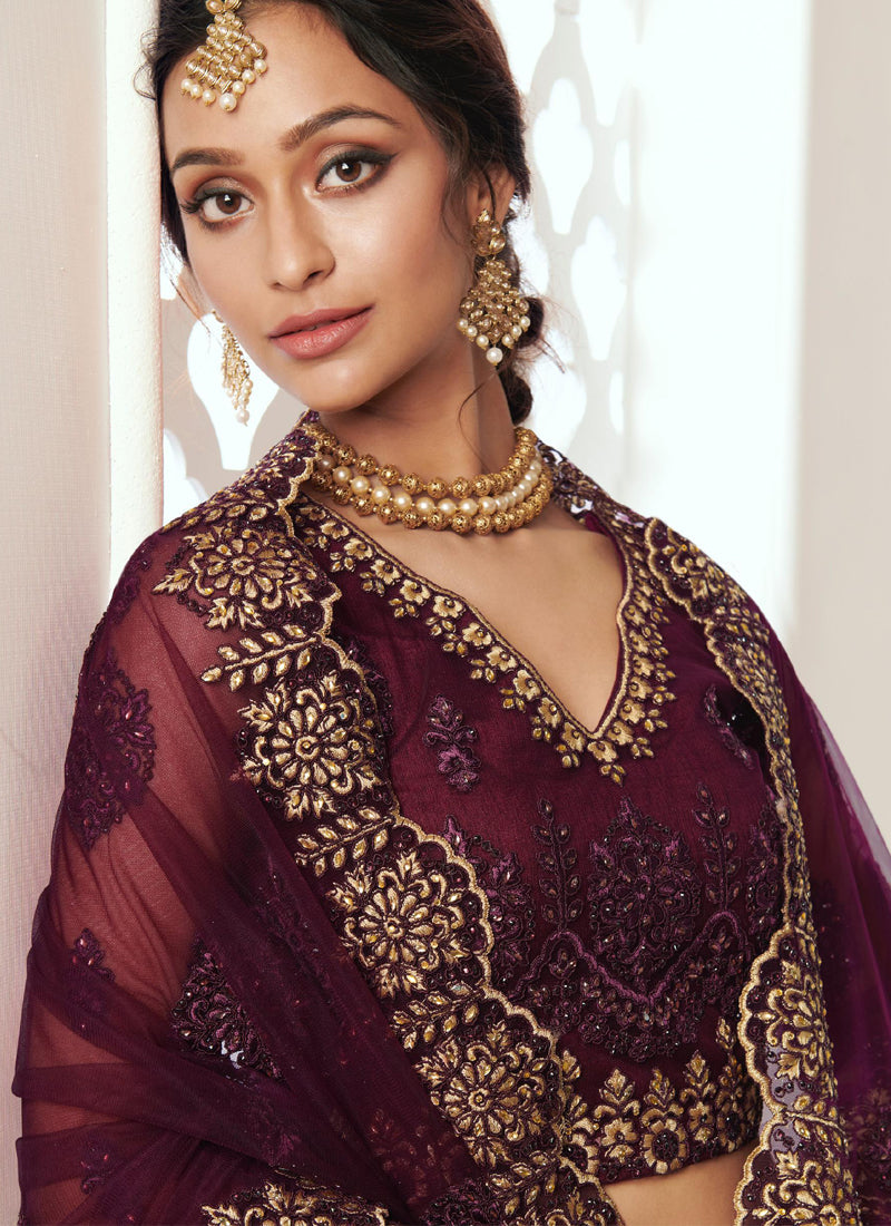 Vegaa Fashion Wine Net Embroidered Wedding Lehenga | Grocsy