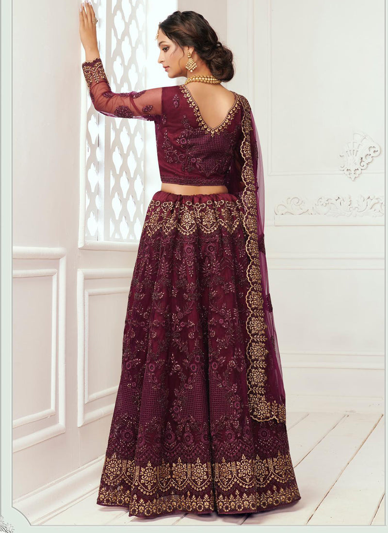 Vegaa Fashion Wine Net Embroidered Wedding Lehenga | Grocsy