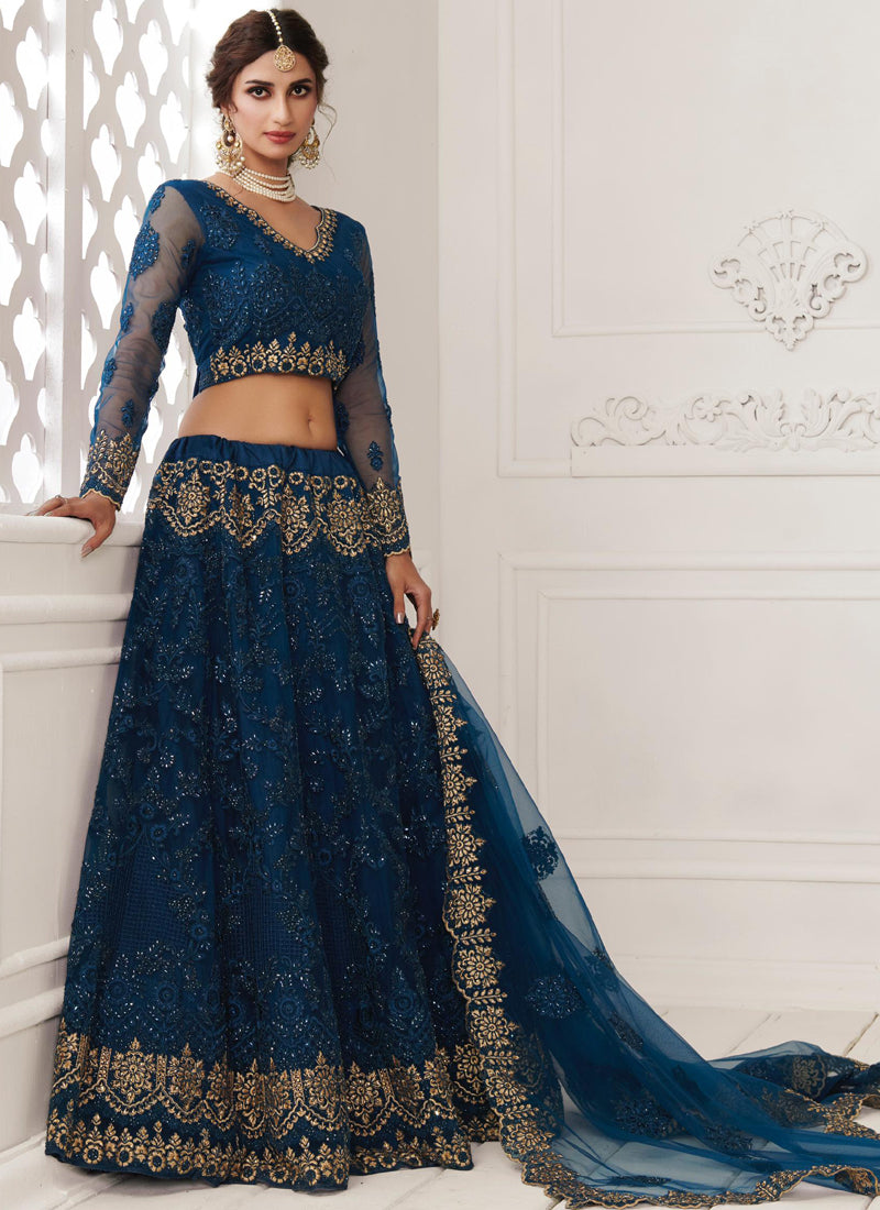 Vegaa Fashion Blue Net Embroidered Wedding Lehenga | Grocsy