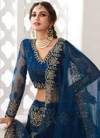 Vegaa Fashion Blue Net Embroidered Wedding Lehenga | Grocsy