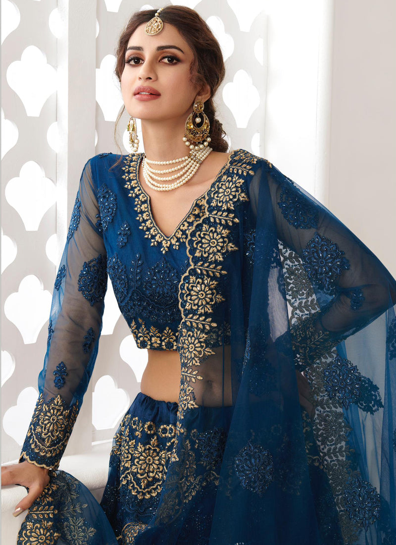 Vegaa Fashion Blue Net Embroidered Wedding Lehenga | Grocsy