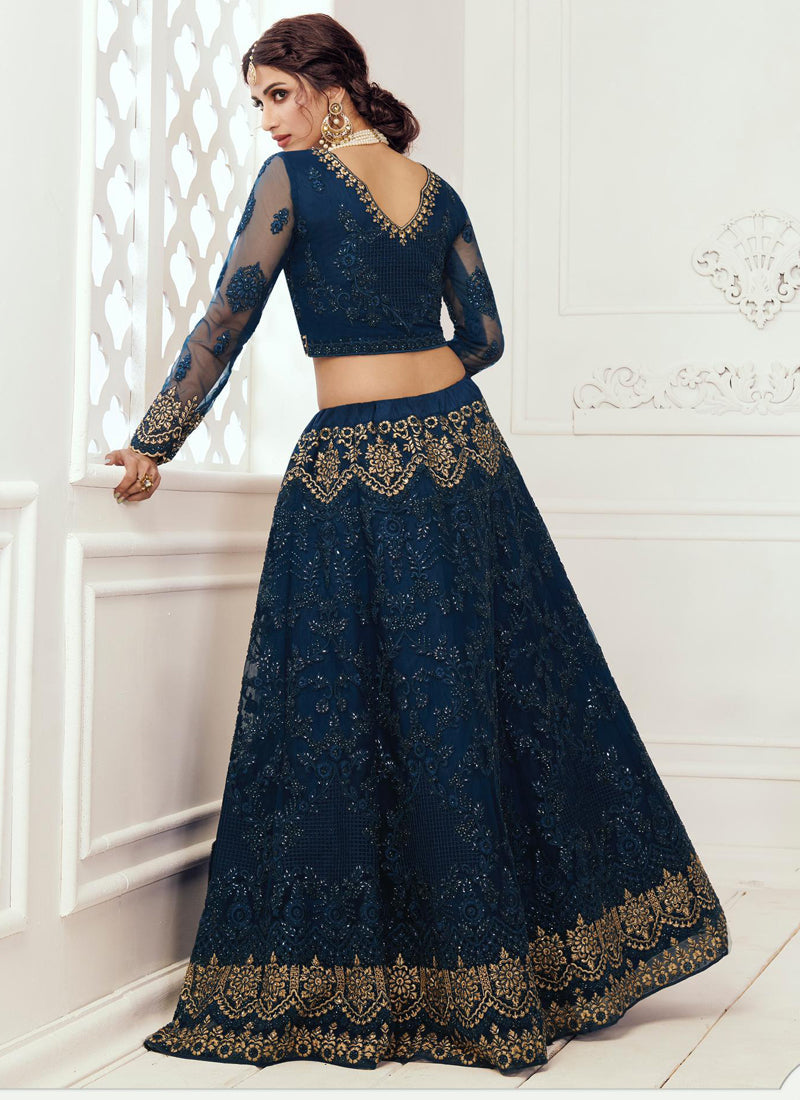 Vegaa Fashion Blue Net Embroidered Wedding Lehenga | Grocsy