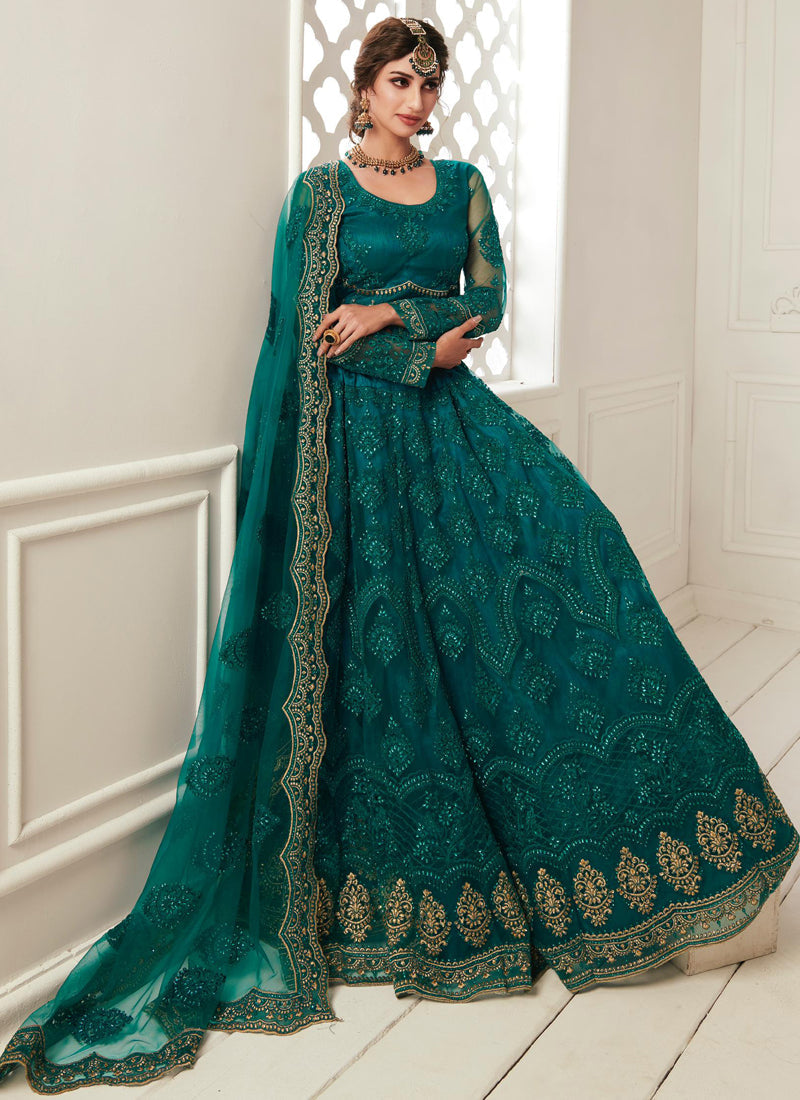 Vegaa Fashion Teal Green Net Embroidered Wedding Lehenga | Grocsy
