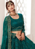 Vegaa Fashion Teal Green Net Embroidered Wedding Lehenga | Grocsy