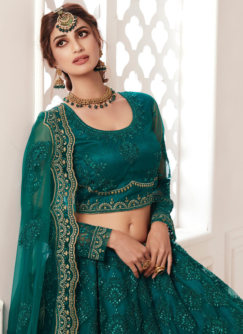 Vegaa Fashion Teal Green Net Embroidered Wedding Lehenga | Grocsy
