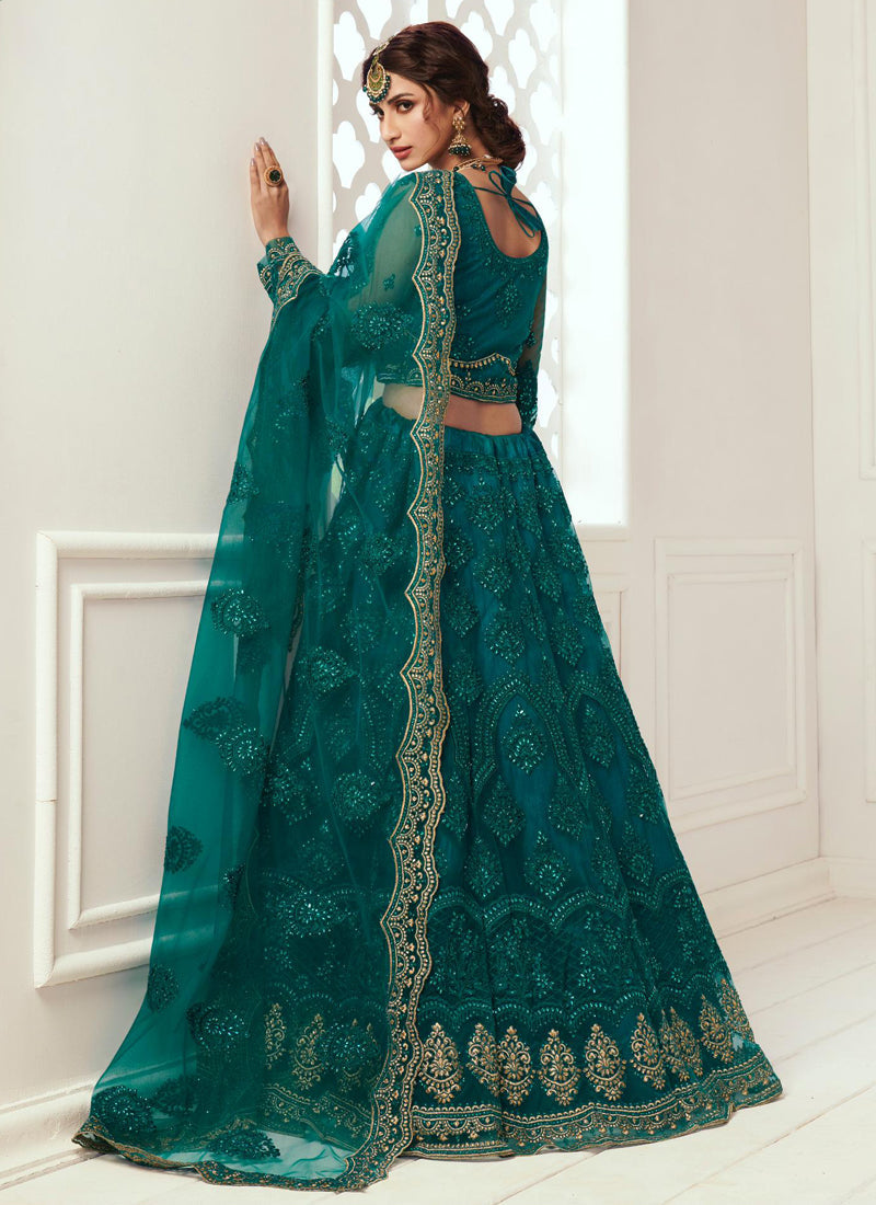 Vegaa Fashion Teal Green Net Embroidered Wedding Lehenga | Grocsy