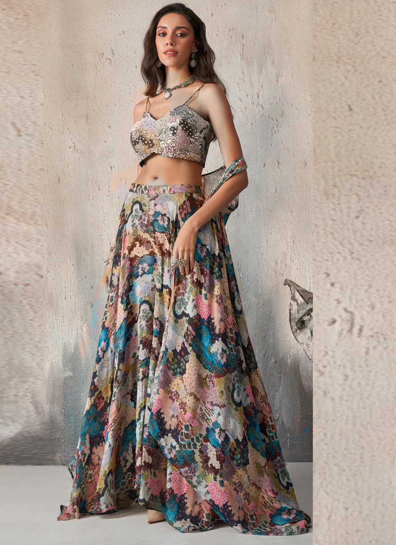 Vegaa Fashion Blue Chinon Western Plazzo Style Lehenga | Grocsy