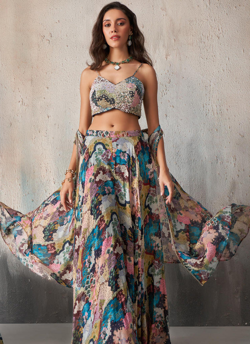Vegaa Fashion Blue Chinon Western Plazzo Style Lehenga | Grocsy