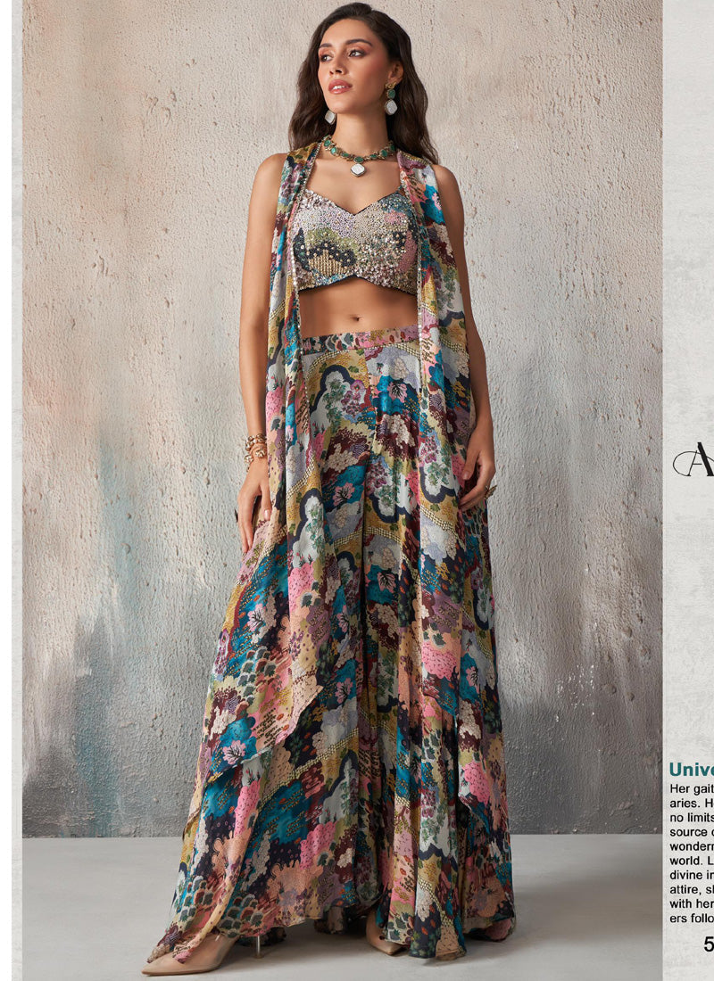 Vegaa Fashion Blue Chinon Western Plazzo Style Lehenga | Grocsy