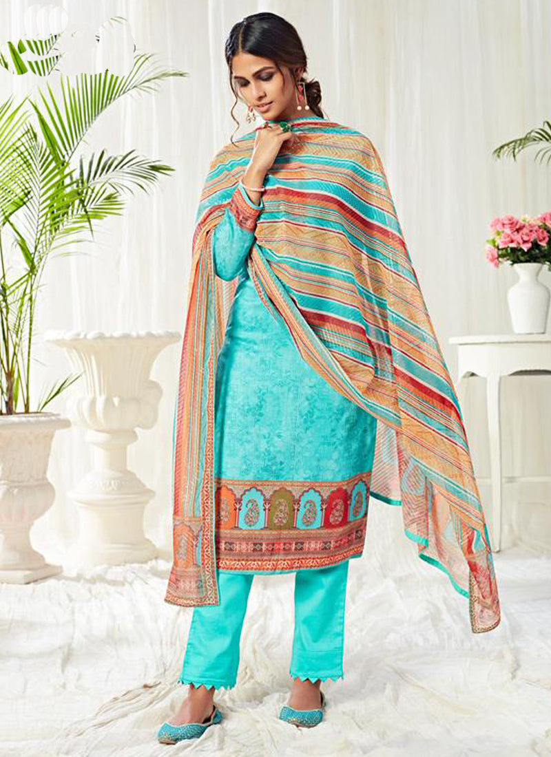 Vegaa Fashion Sky Blue Cotton Digital Printed Swarwoski Work Salwar Suit | Grocsy