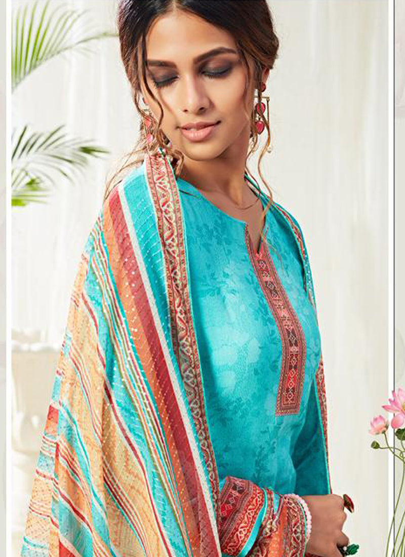 Vegaa Fashion Sky Blue Cotton Digital Printed Swarwoski Work Salwar Suit | Grocsy