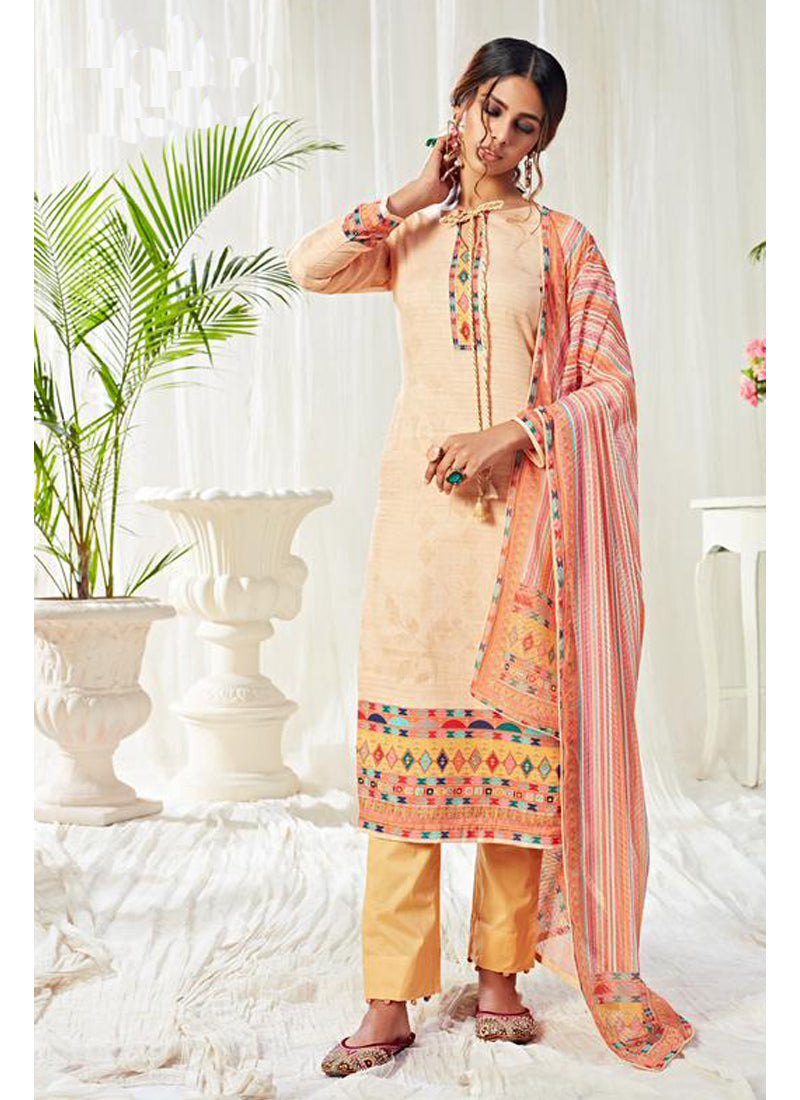 Vegaa Fashion Cream Cotton Digital Printed Swarwoski Work Salwar Suit | Grocsy