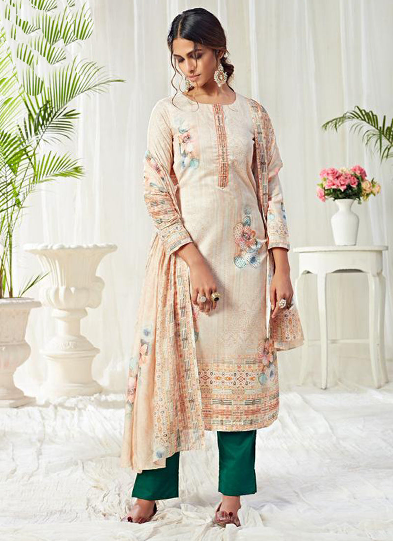 Vegaa Fashion Off White Cotton Digital Printed Swarwoski Work Salwar Suit | Grocsy