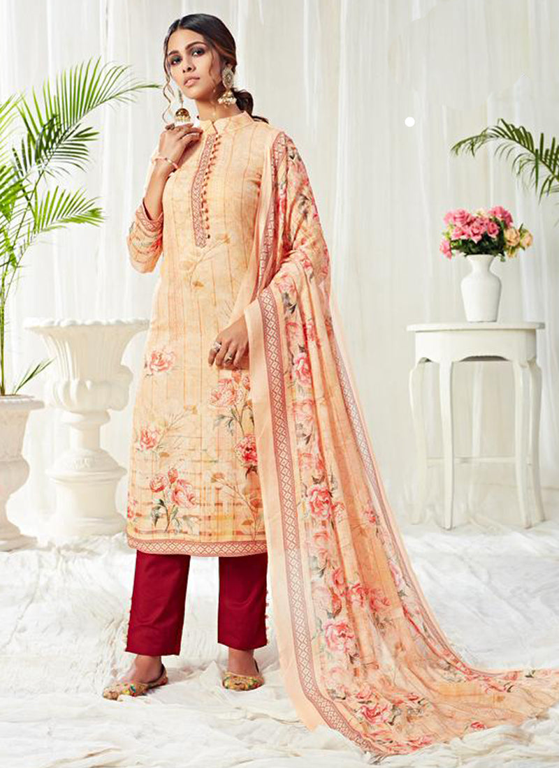 Vegaa Fashion Cream Cotton Digital Printed Swarwoski Work Salwar Suit | Grocsy