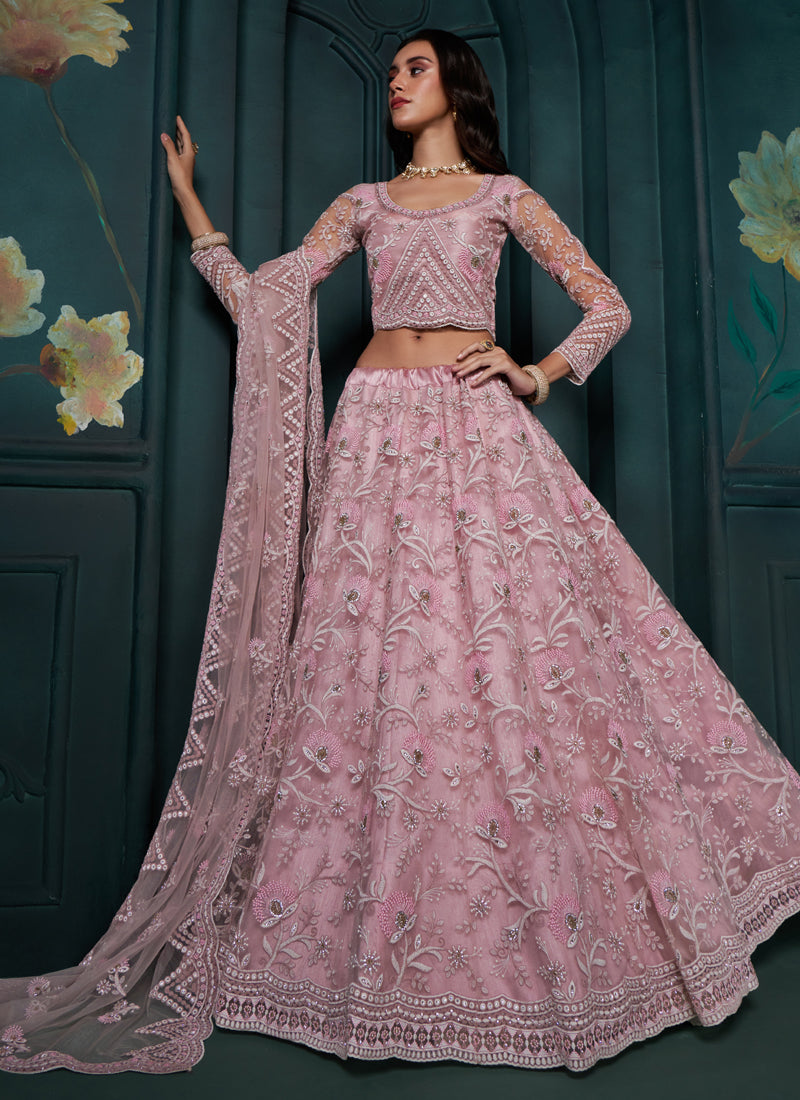 Vegaa Fashion Dusty Pink Net Embroidered Wedding Lehenga | Grocsy