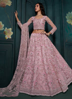 Vegaa Fashion Dusty Pink Net Embroidered Wedding Lehenga | Grocsy