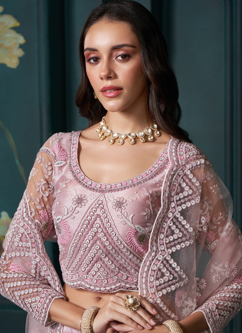Vegaa Fashion Dusty Pink Net Embroidered Wedding Lehenga | Grocsy