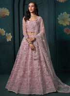 Vegaa Fashion Dusty Pink Net Embroidered Wedding Lehenga | Grocsy