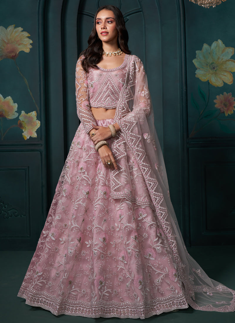 Vegaa Fashion Dusty Pink Net Embroidered Wedding Lehenga | Grocsy