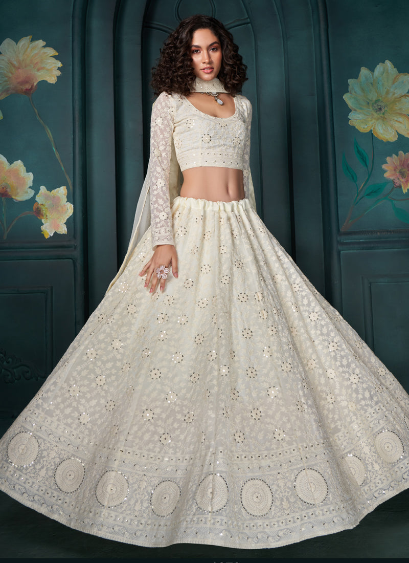 Vegaa Fashion Off White Georgette Embroidered Wedding Lehenga | Grocsy