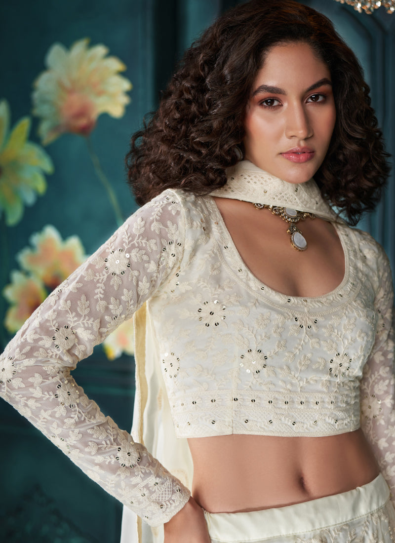 Vegaa Fashion Off White Georgette Embroidered Wedding Lehenga | Grocsy